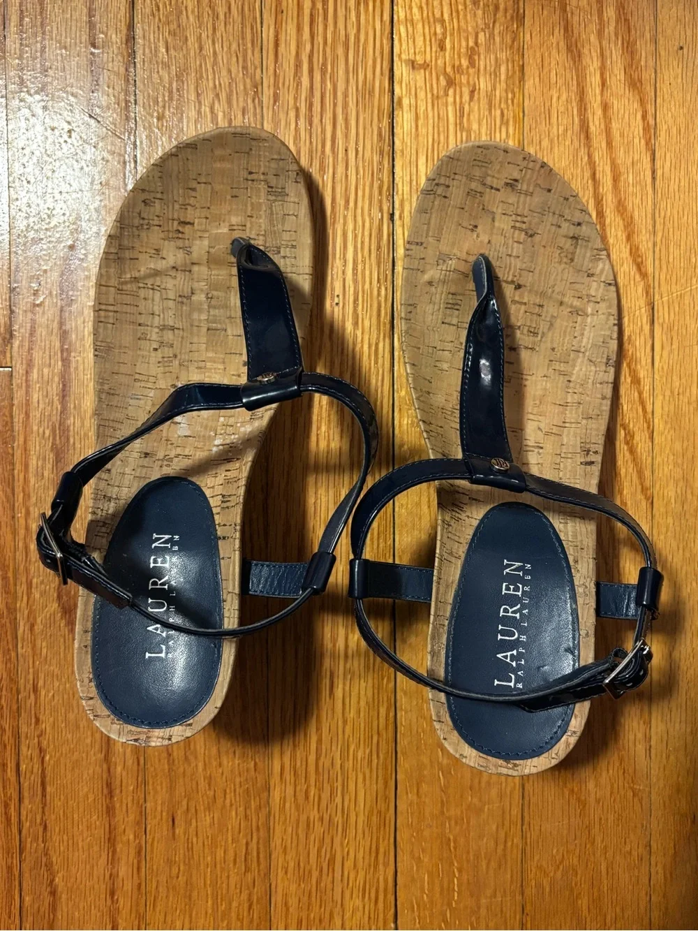 Lauren Ralph Lauren Rosalia Navy Patent Wedge Sandals Cork Footbed Size 9B